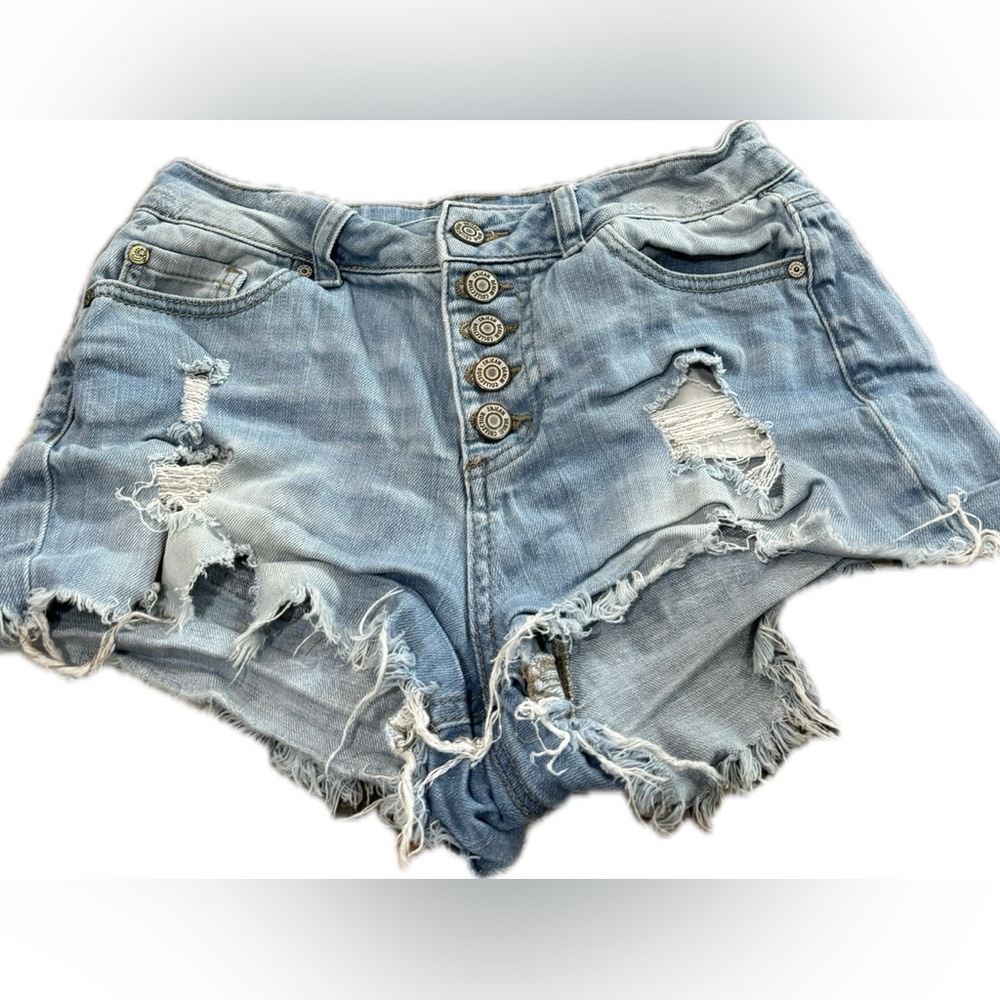 Enjean Jean Shorts Size M Womens Button Fly Distressed Blue Denim